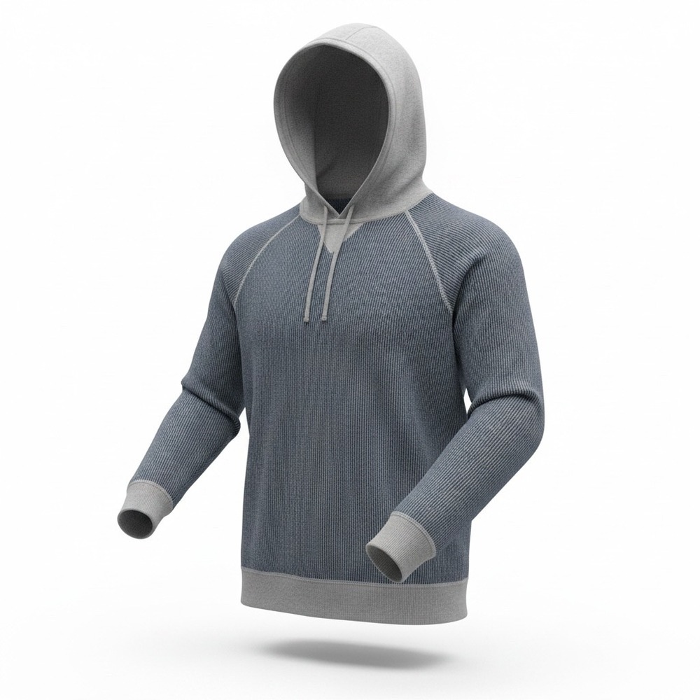 Vince Mens Waffle Knit Hoodie Blue Grey Raglan Long Sleeve Pullover Sweater M